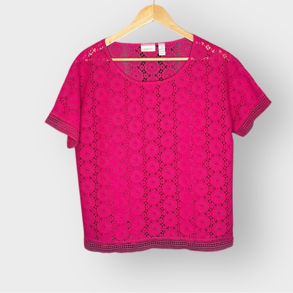 CHICO'S Women's Lace Top Blouse‎ 1 Hot Pink Crochet Medium M 8 10 Semi Sheer
